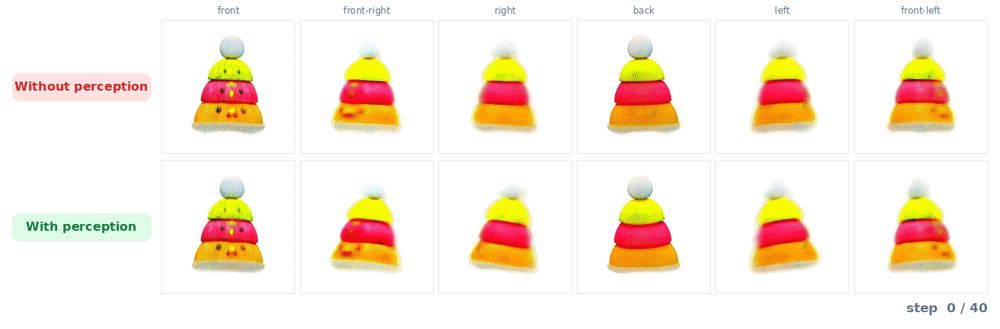 Stacking chicken toy: top and bottom rows both denoise to a consistent stacked figure across all six views and 40 steps.